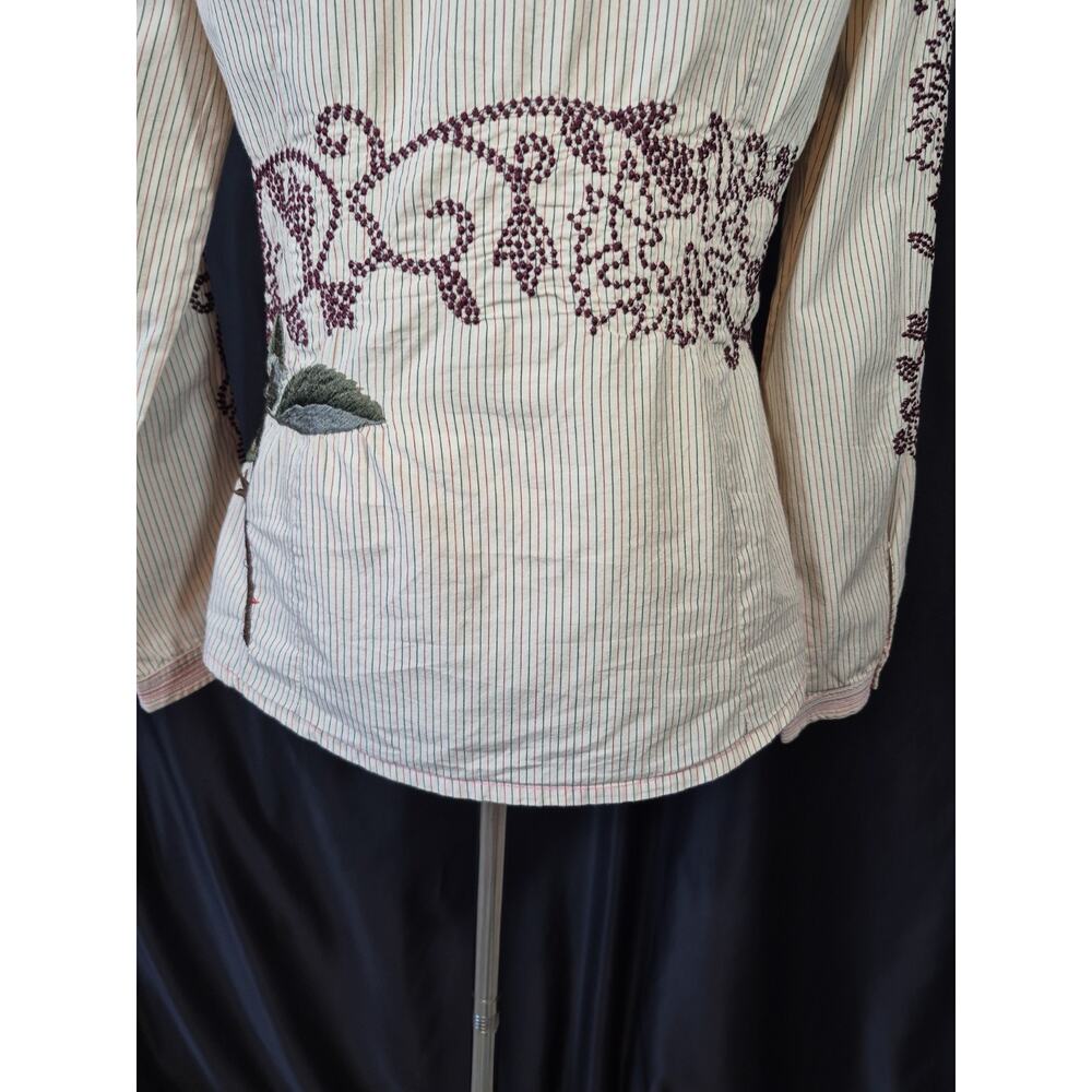 Johnny Was 3J Workshop Attico Rose Embroidery Pinstripe Shirt Cream Red Medium - Picture 12 of 14